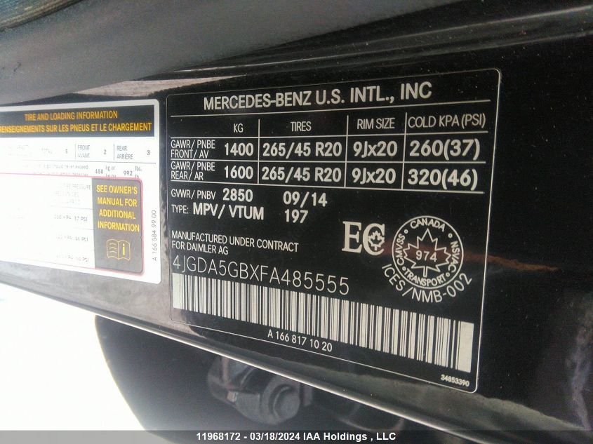 2015 Mercedes-Benz M-Class VIN: 4JGDA5GBXFA485555 Lot: 11968172