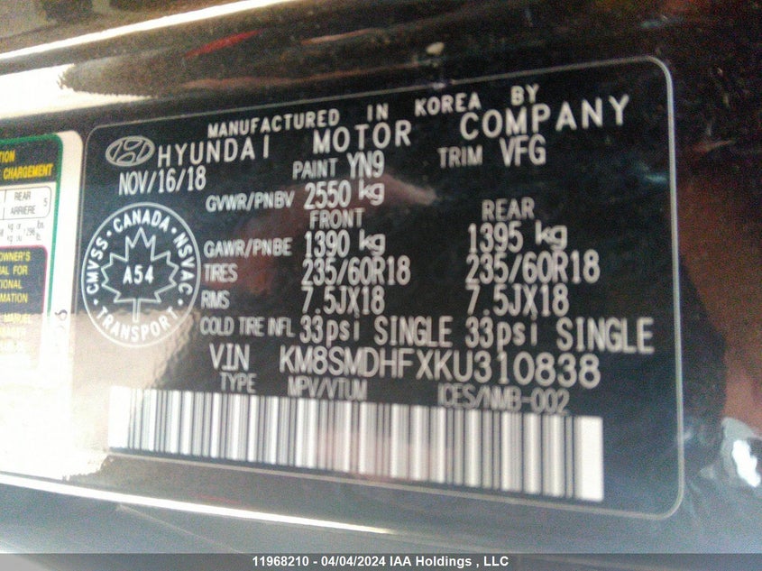 2019 Hyundai Santa Fe Xl Essential VIN: KM8SMDHFXKU310838 Lot: 11968210