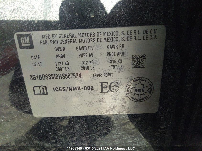 2017 Chevrolet Cruze Lt VIN: 3G1BD6SM3HS587534 Lot: 11968349