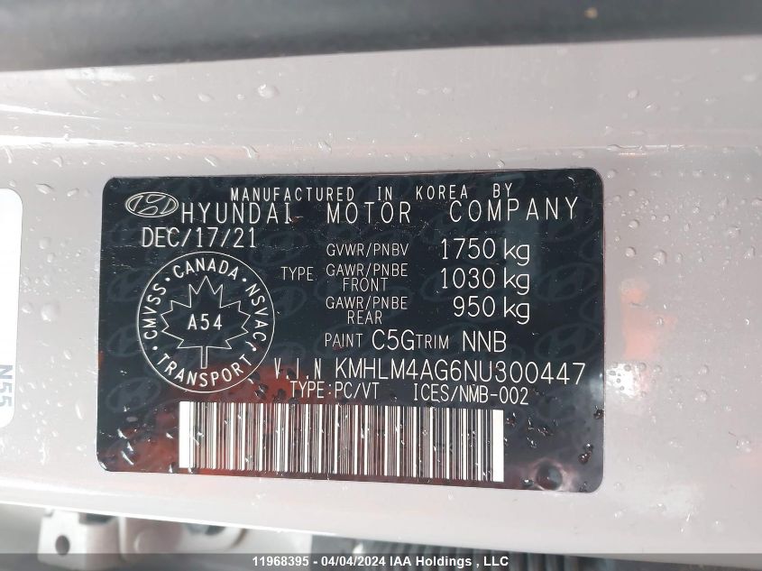 2022 Hyundai Elantra VIN: KMHLM4AG6NU300447 Lot: 39241073