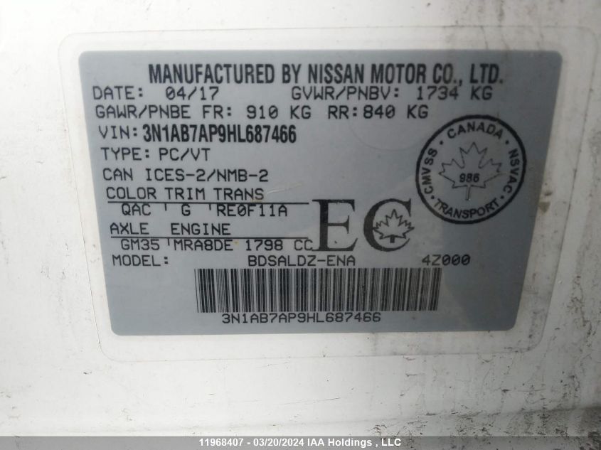 2017 Nissan Sentra VIN: 3N1AB7AP9HL687466 Lot: 11968407