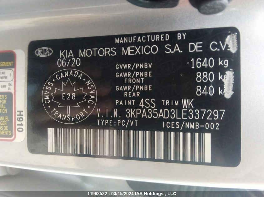 2020 Kia Rio 5-Door VIN: 3KPA35AD3LE337297 Lot: 11968532