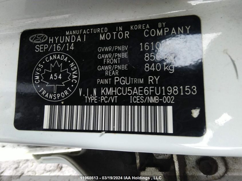 2015 Hyundai Accent Gls/Se VIN: KMHCU5AE6FU198153 Lot: 11968613