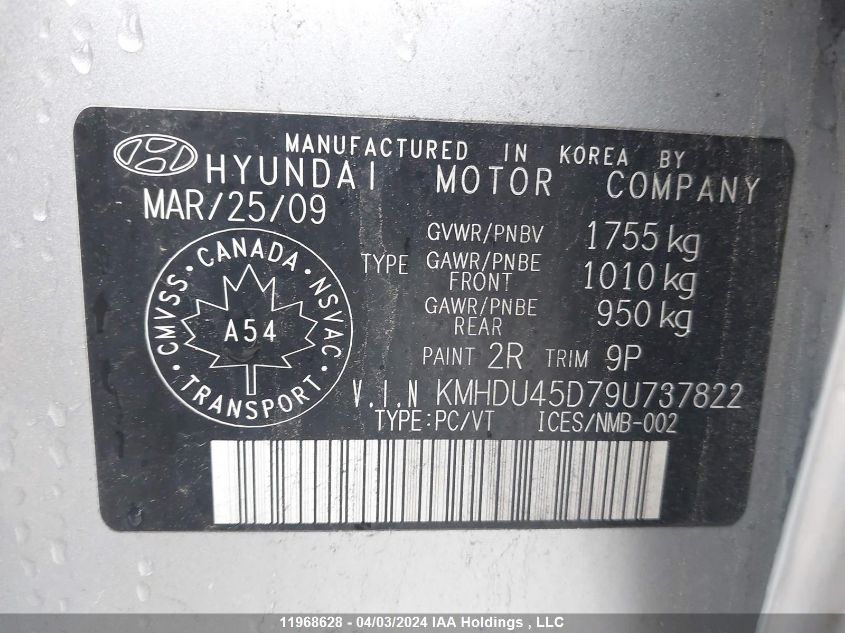 2009 Hyundai Elantra VIN: KMHDU45D79U737822 Lot: 11968628