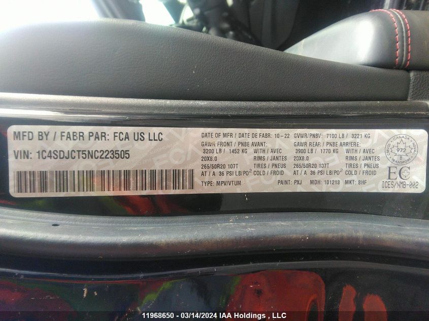 2022 Dodge Durango R/T VIN: 1C4SDJCT5NC223505 Lot: 11968650