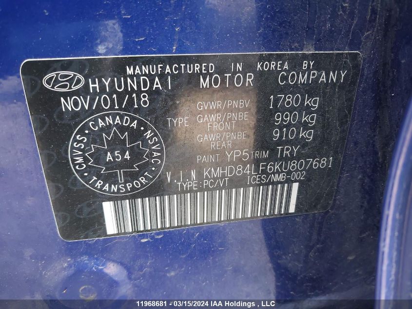 2019 Hyundai Elantra VIN: KMHD84LF6KU807681 Lot: 11968681