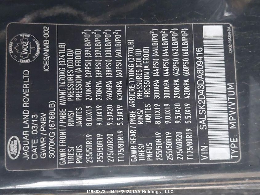 2013 Land Rover Range Rover Sport VIN: SALSK2D43DA809416 Lot: 11968873