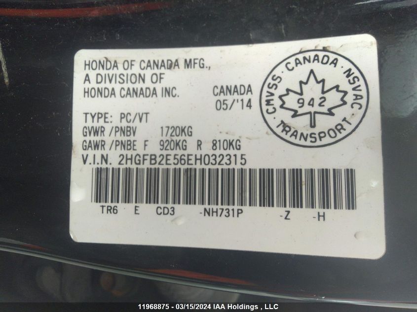 2014 Honda Civic Lx VIN: 2HGFB2E56EH032315 Lot: 11968875