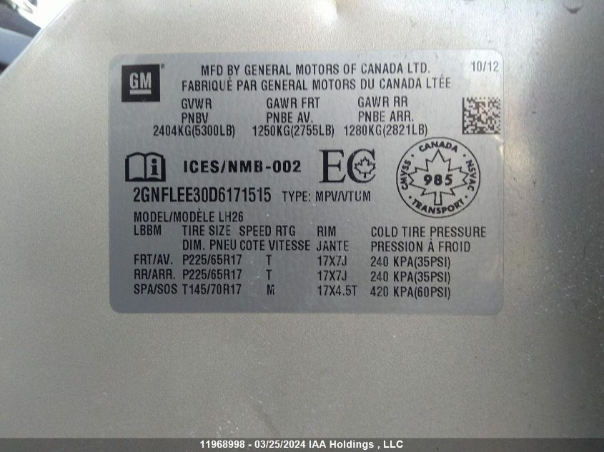 2013 Chevrolet Equinox VIN: 2GNFLEE30D6171515 Lot: 11968998