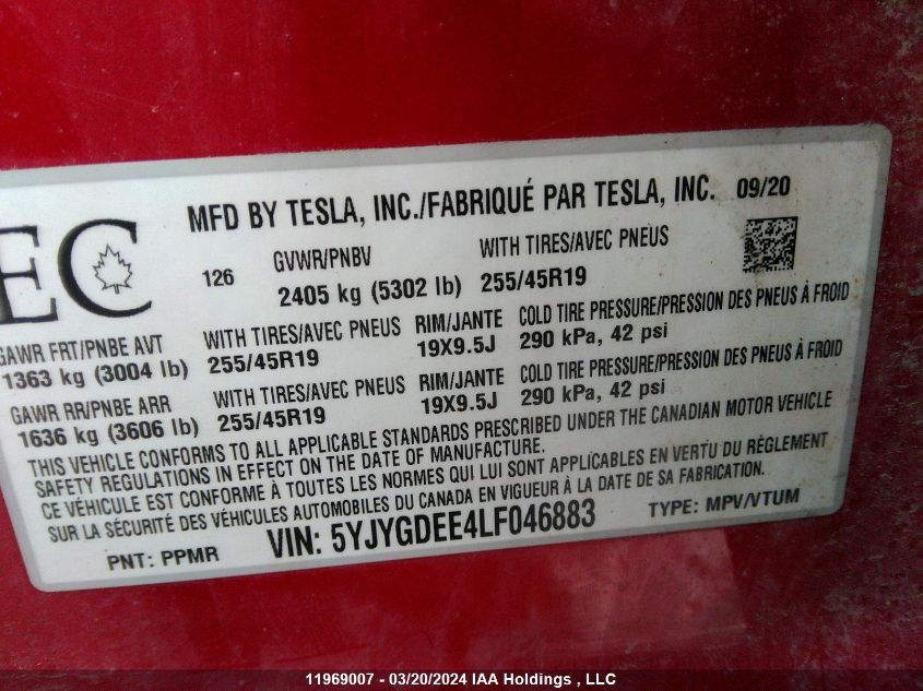 2020 Tesla Model Y VIN: 5YJYGDEE4LF046883 Lot: 11969007