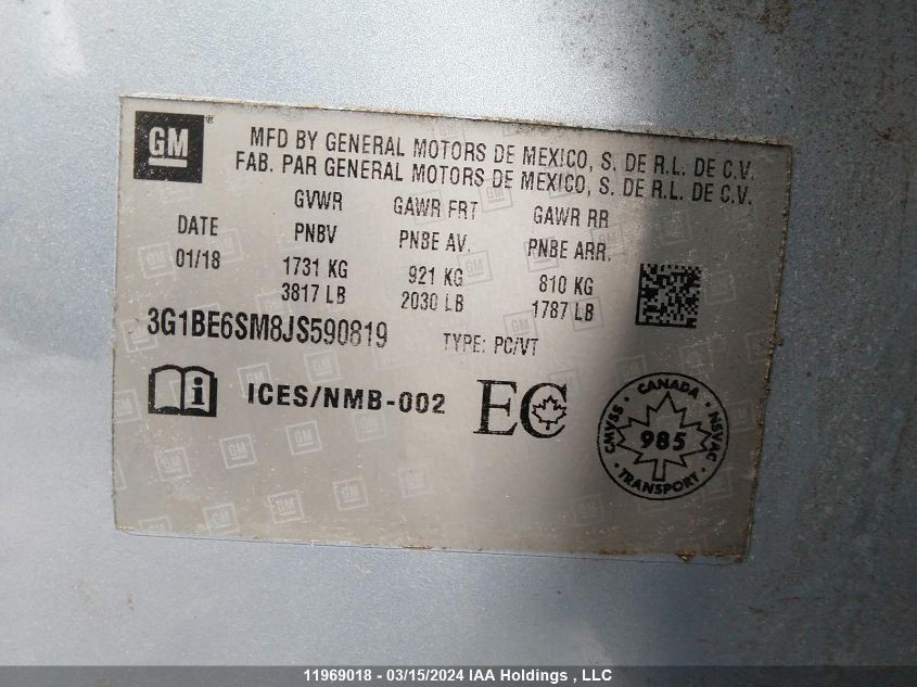 2018 Chevrolet Cruze Lt VIN: 3G1BE6SM8JS590819 Lot: 39238135