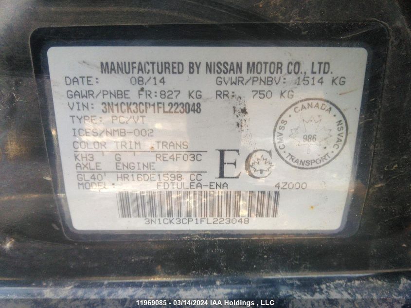 2015 Nissan Micra VIN: 3N1CK3CP1FL223048 Lot: 11969085