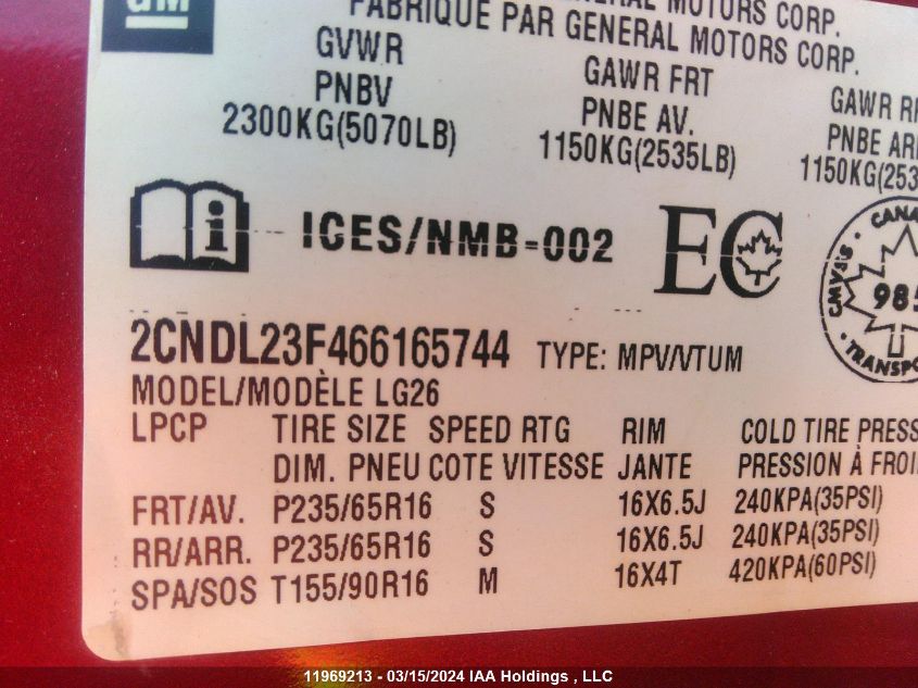 2006 Chevrolet Equinox VIN: 2CNDL23F466165744 Lot: 11969213