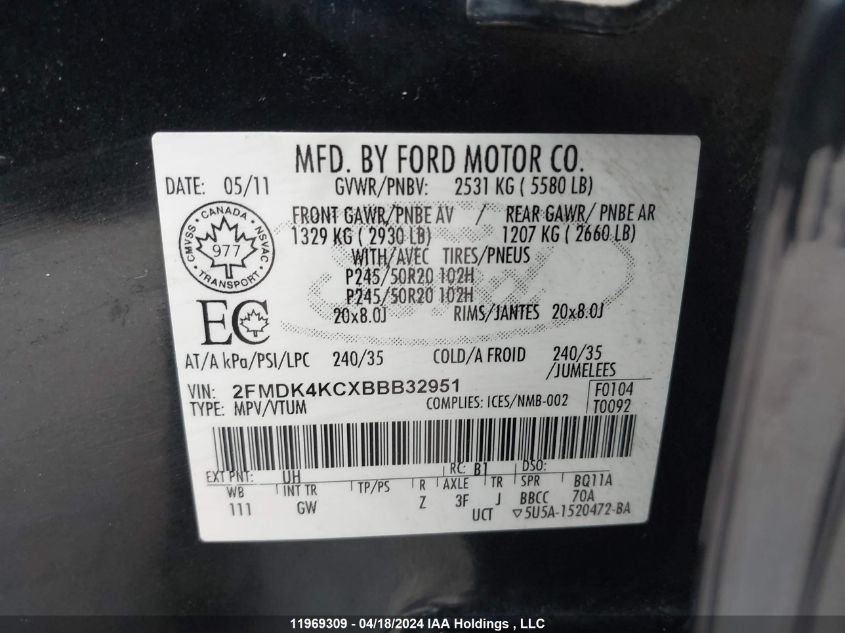 2011 Ford Edge VIN: 2FMDK4KCXBBB32951 Lot: 11969309