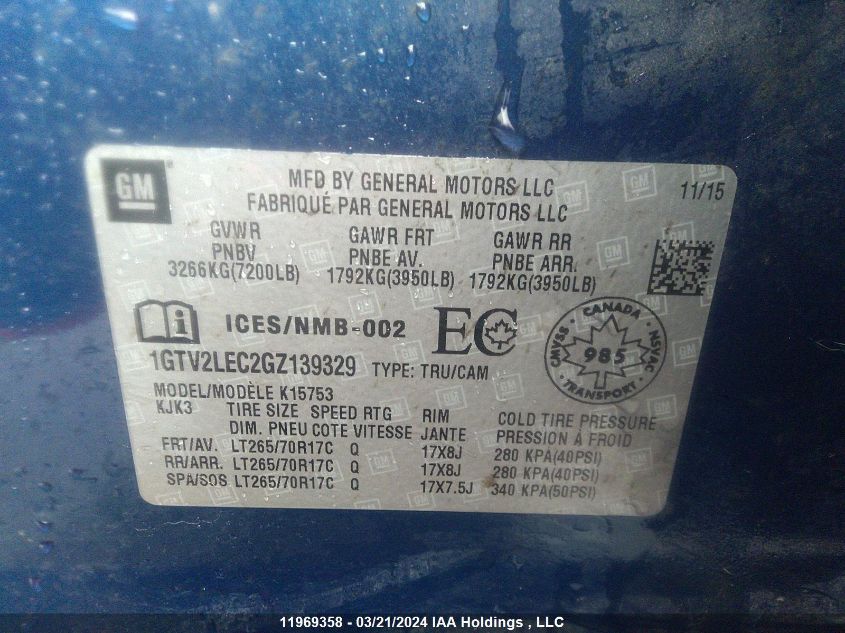 2016 GMC Sierra 1500 VIN: 1GTV2LEC2GZ139329 Lot: 39259155