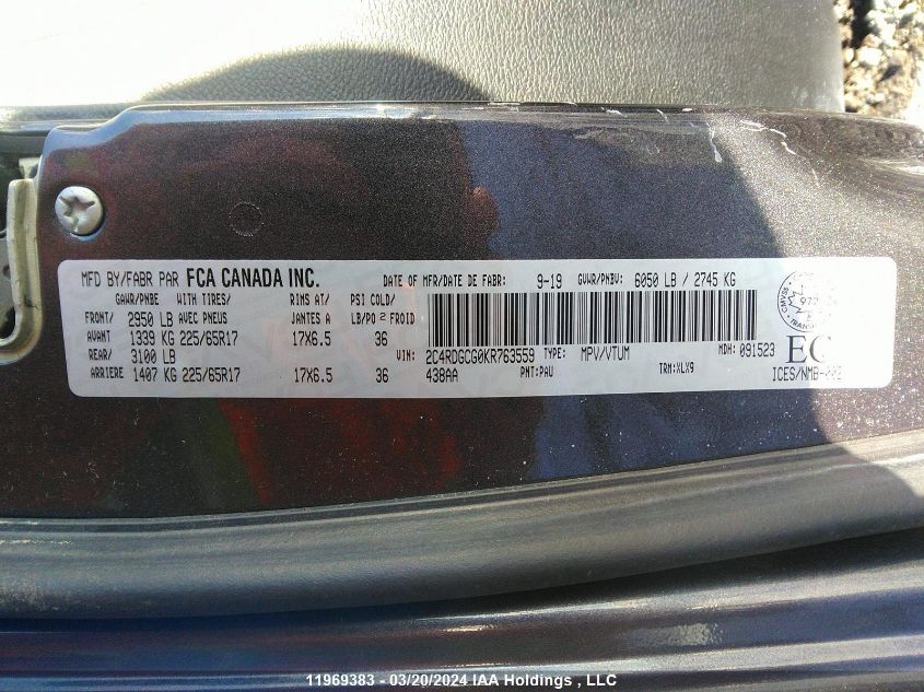 2019 Dodge Grand Caravan Sxt VIN: 2C4RDGCG0KR763559 Lot: 11969383