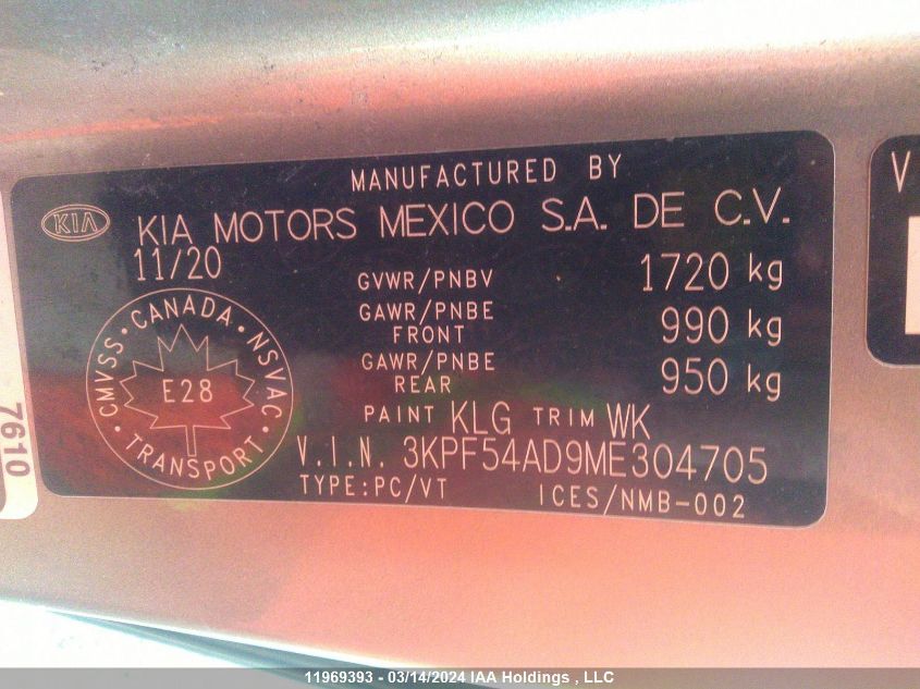 2021 Kia Forte Ex VIN: 3KPF54AD9ME304705 Lot: 11969393