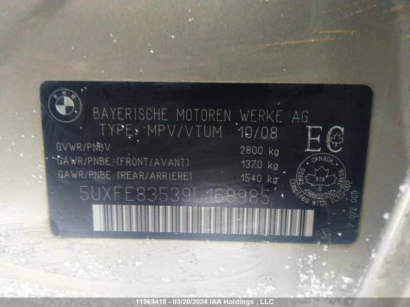 2009 BMW X5 VIN: 5UXFE83539L168985 Lot: 11969419