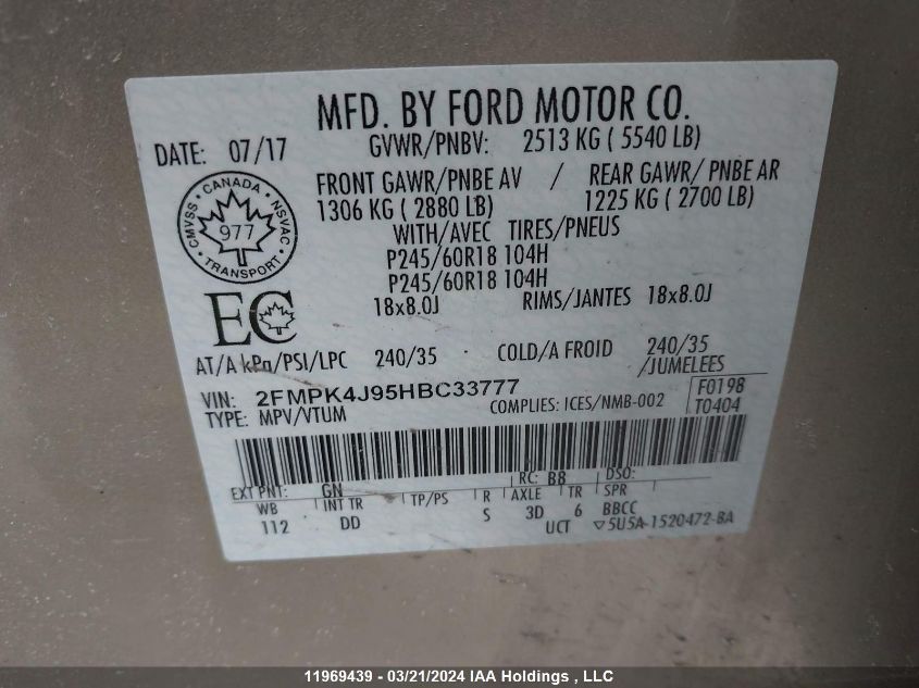 2017 Ford Edge Sel VIN: 2FMPK4J95HBC33777 Lot: 11969439