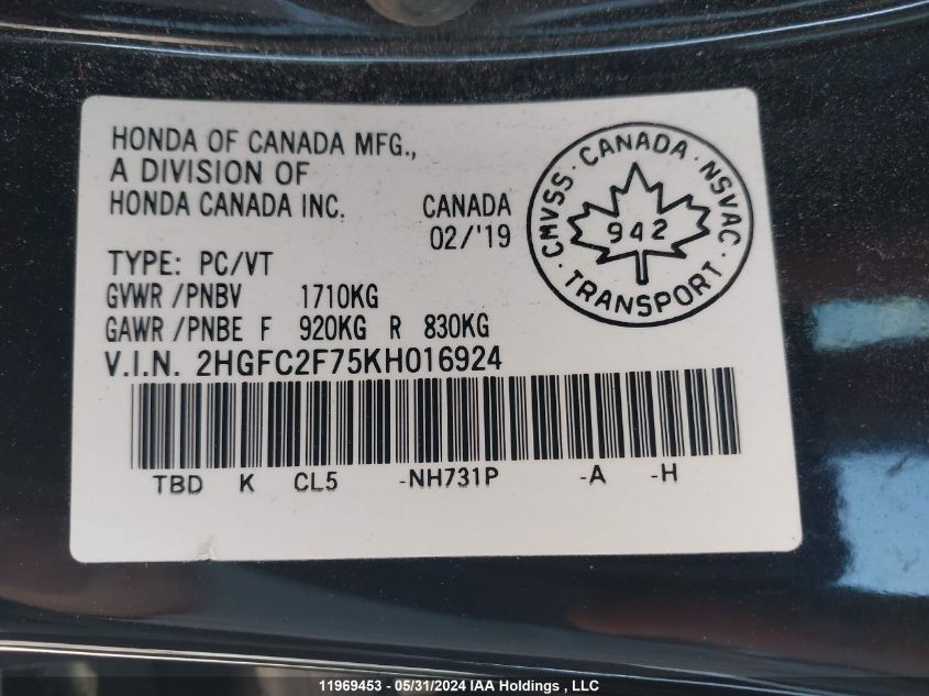 2019 Honda Civic VIN: 2HGFC2F75KH016924 Lot: 11969453