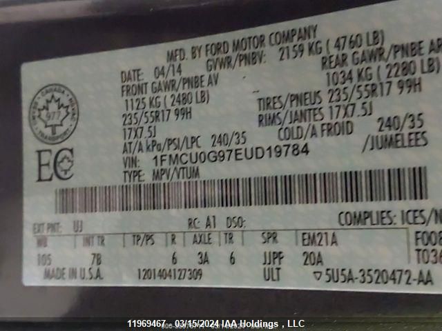 2014 Ford Escape Se VIN: 1FMCU0G97EUD19784 Lot: 11969467