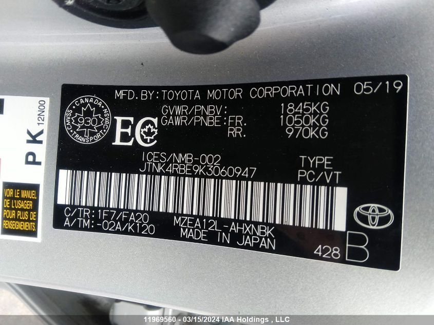 JTNK4RBE9K3060947 2019 Toyota Corolla