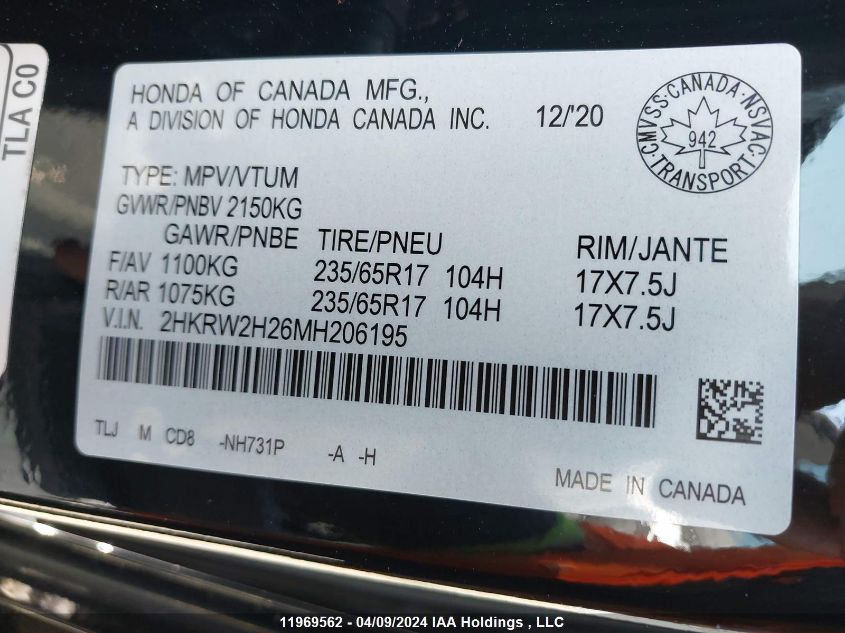 2021 Honda Cr-V VIN: 2HKRW2H26MH206195 Lot: 39237862