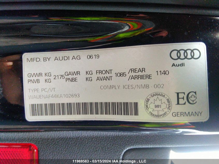 2019 Audi A4 VIN: WAUENAF44KA102693 Lot: 11969583