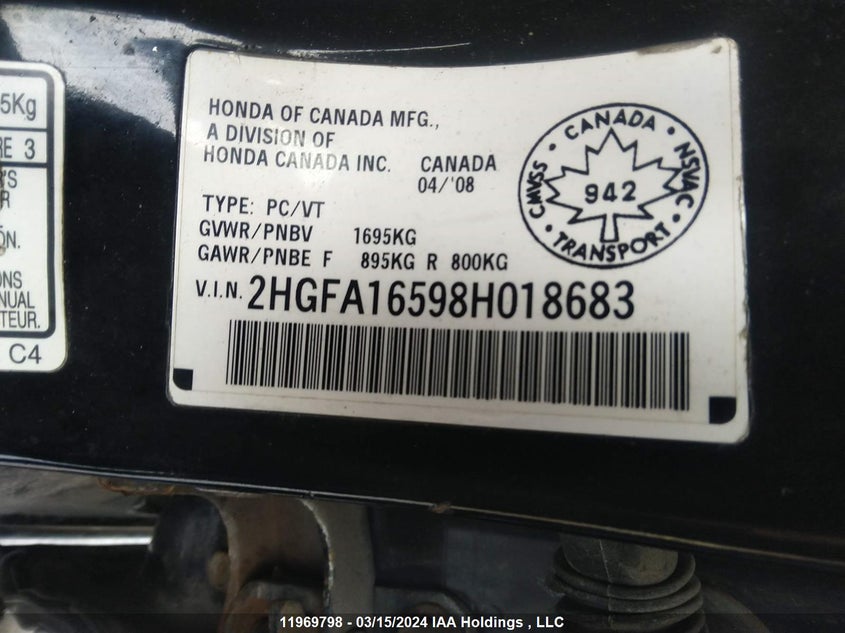 2008 Honda Civic Sdn VIN: 2HGFA16598H018683 Lot: 11969798