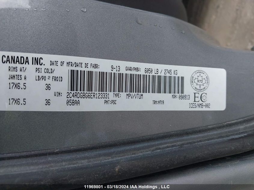 2014 Dodge Grand Caravan Se/Sxt VIN: 2C4RDGBG6ER123331 Lot: 11969801