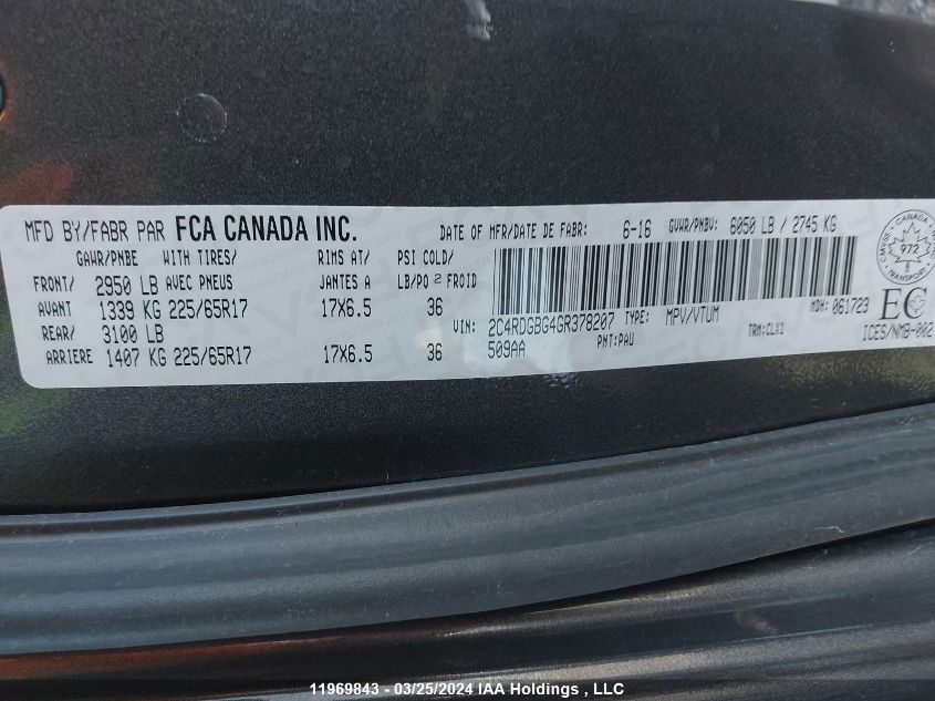 2016 Dodge Grand Caravan Se/Sxt VIN: 2C4RDGBG4GR378207 Lot: 11969843