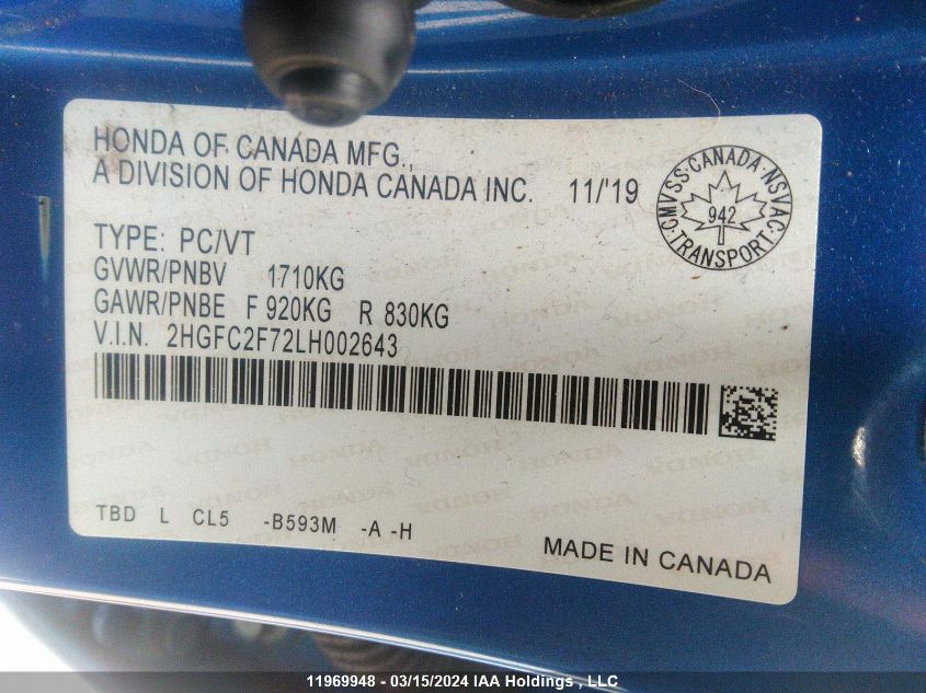 2020 Honda Civic Sedan VIN: 2HGFC2F72LH002643 Lot: 11969948
