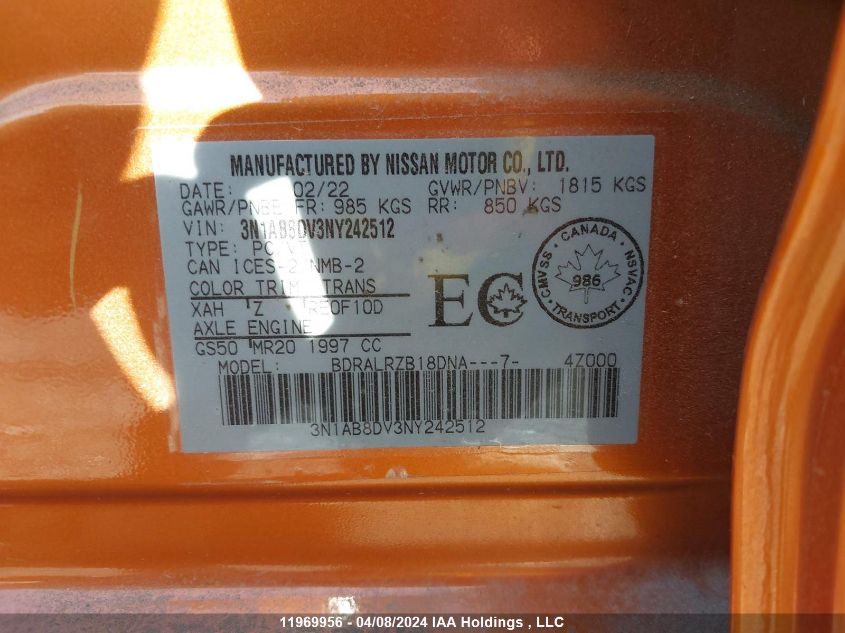 2022 Nissan Sentra VIN: 3N1AB8DV3NY242512 Lot: 11969956