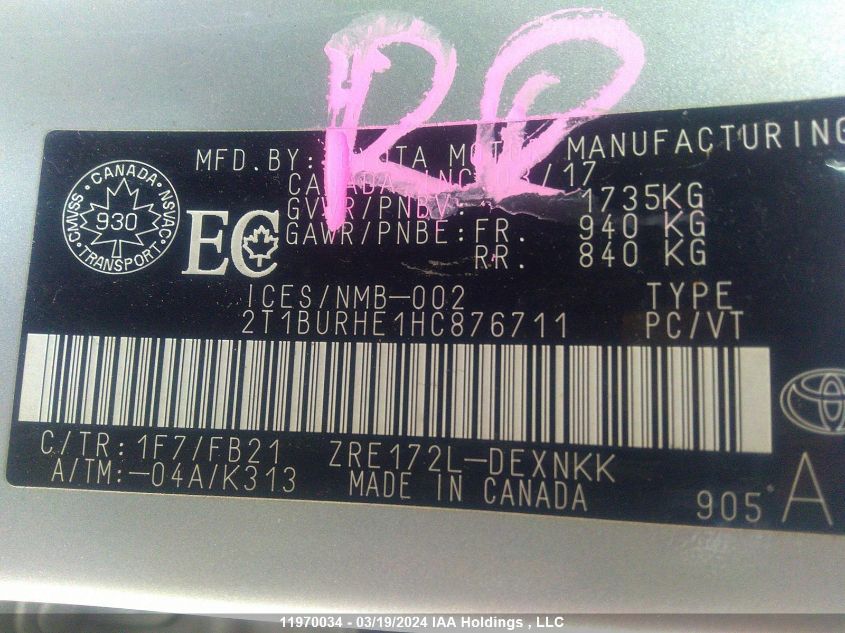 2017 Toyota Corolla L/Le/Xle/Se/Xse VIN: 2T1BURHE1HC876711 Lot: 11970034