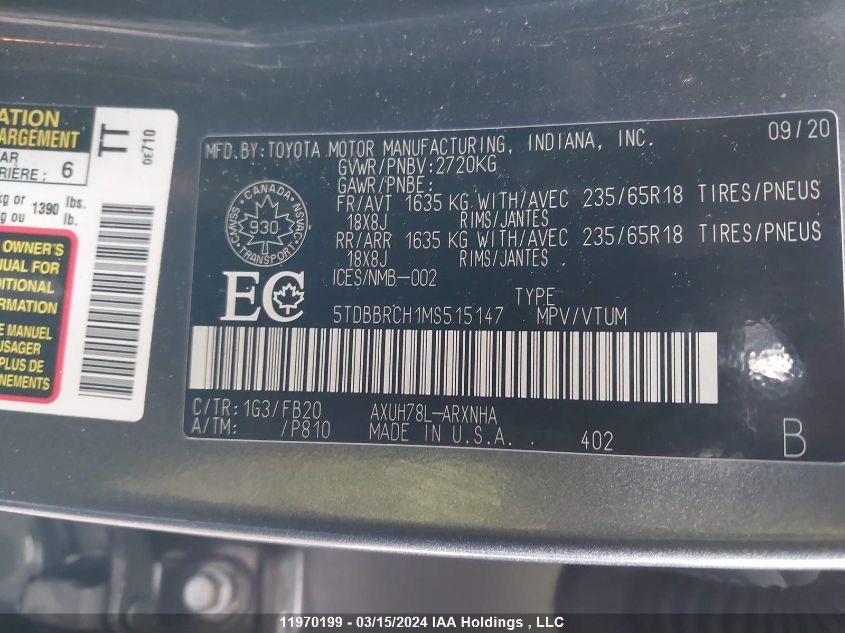 2021 Toyota Highlander Hybrid Le VIN: 5TDBBRCH1MS515147 Lot: 11970199