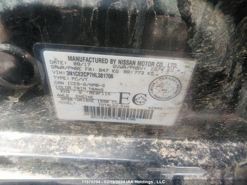 2017 Nissan Versa Note VIN: 3N1CE2CP7HL381706 Lot: 11970294