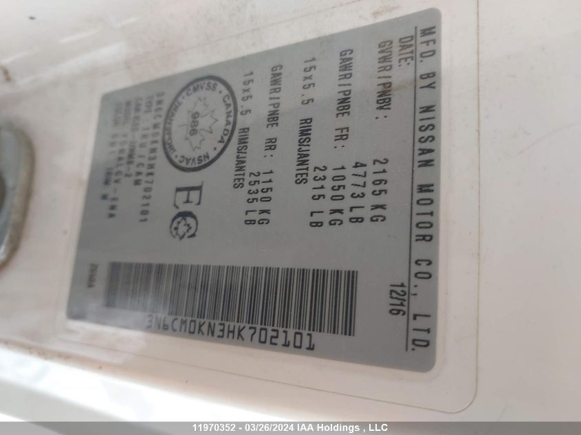 2017 Nissan Nv200 VIN: 3N6CM0KN3HK702101 Lot: 11970352