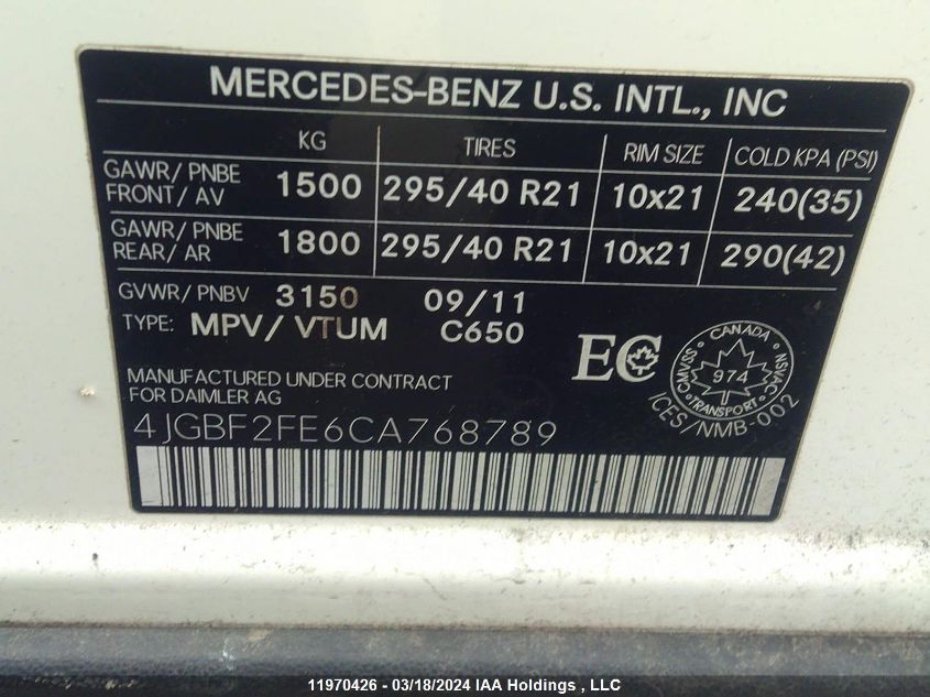 2012 Mercedes-Benz Gl-Class VIN: 4JGBF2FE6CA768789 Lot: 11970426