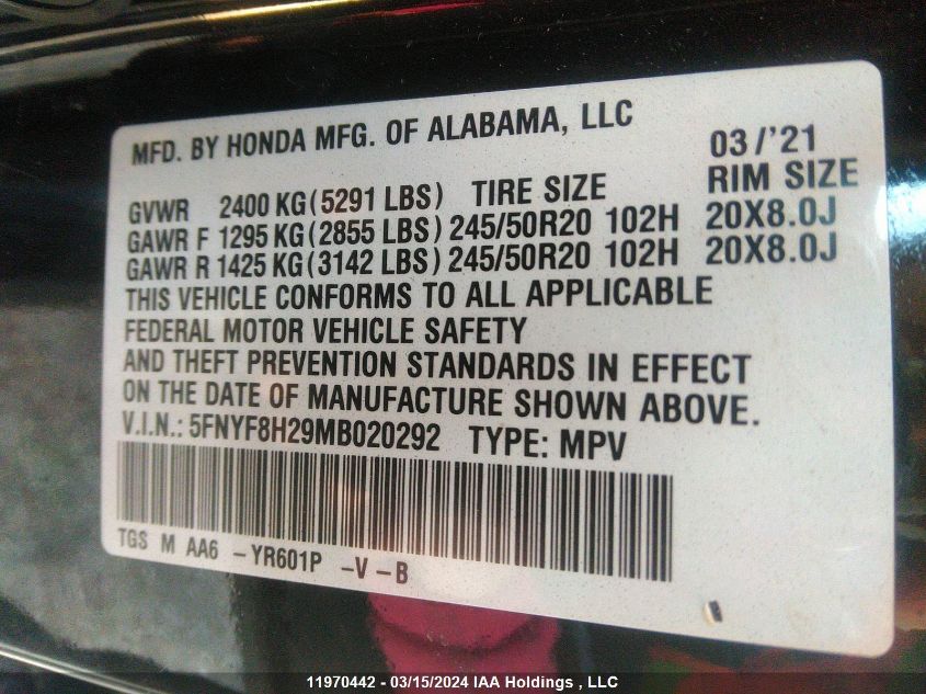 2021 Honda Passport VIN: 5FNYF8H29MB020292 Lot: 11970442