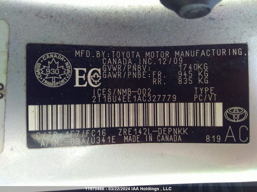 2010 Toyota Corolla S/Le/Xle VIN: 2T1BU4EE1AC327779 Lot: 11970466