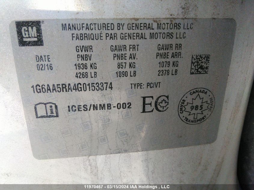 2016 Cadillac Ats VIN: 1G6AA5RA4G0153374 Lot: 11970467