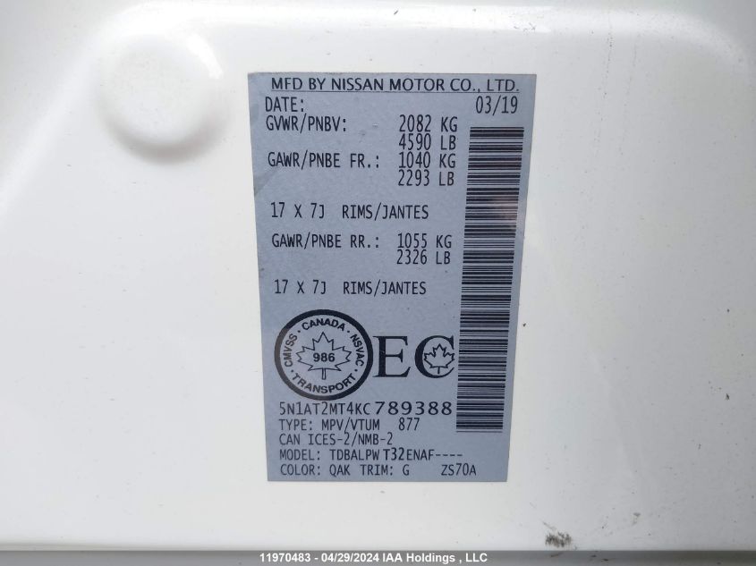 2019 Nissan Rogue VIN: 5N1AT2MT4KC789388 Lot: 11970483