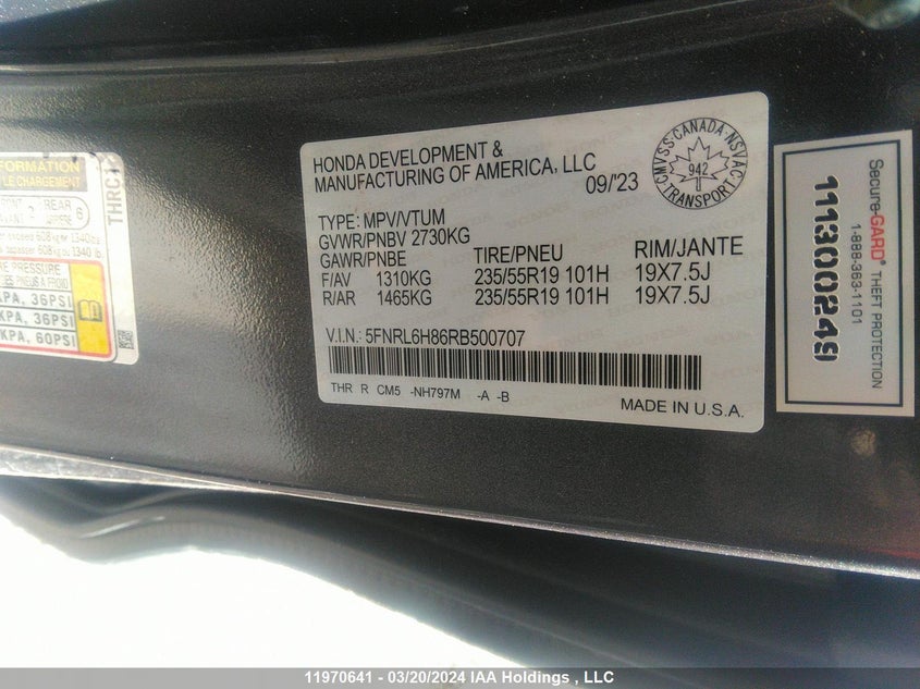 2024 Honda Odyssey Touring VIN: 5FNRL6H86RB500707 Lot: 11970641