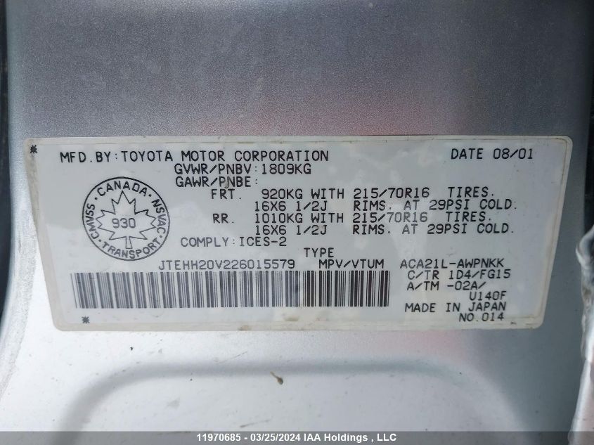 2002 Toyota Rav4 VIN: JTEHH20V226015579 Lot: 11970685