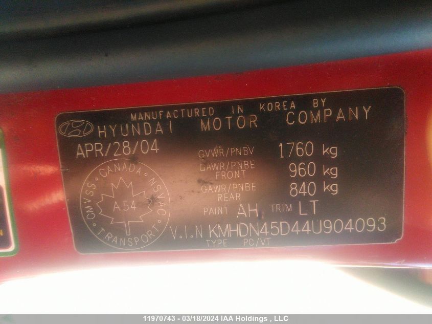 2004 Hyundai Elantra VIN: KMHDN45D44U904093 Lot: 11970743