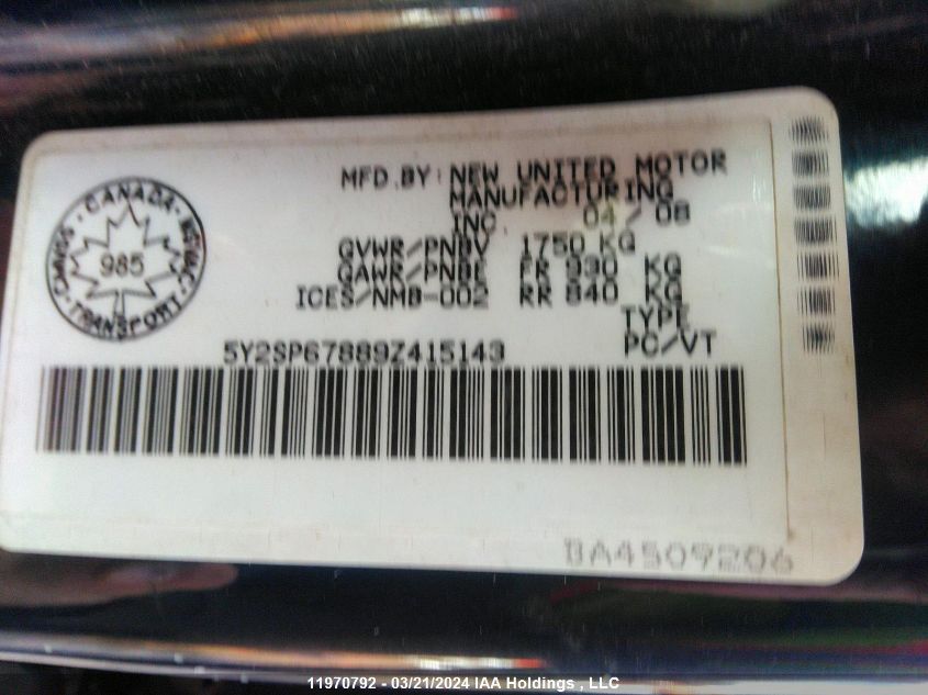 2009 Pontiac Vibe VIN: 5Y2SP67889Z415143 Lot: 11970792