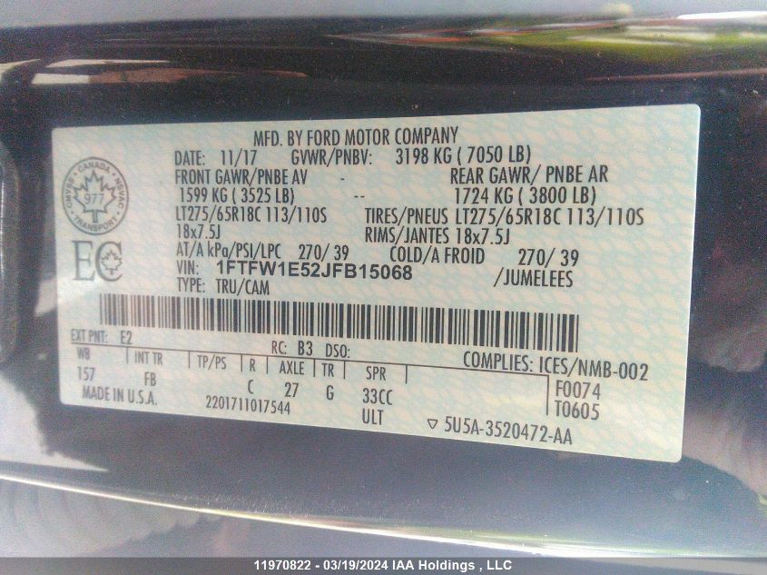 2018 Ford F-150 Xlt VIN: 1FTFW1E52JFB15068 Lot: 11970822