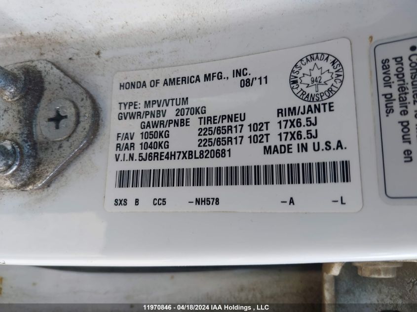 2011 Honda Cr-V VIN: 5J6RE4H7XBL820681 Lot: 11970846