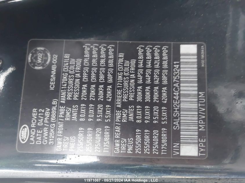 2012 Land Rover Range Rover Sport VIN: SALSH2E44CA753241 Lot: 11971087