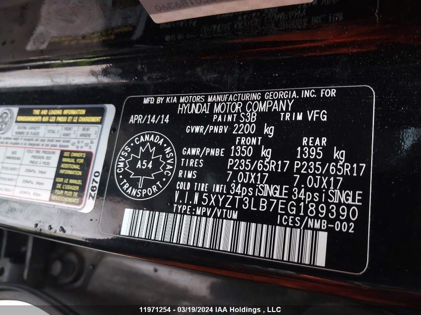 2014 Hyundai Santa Fe Sport 2.4 Base VIN: 5XYZT3LB7EG189390 Lot: 11971254